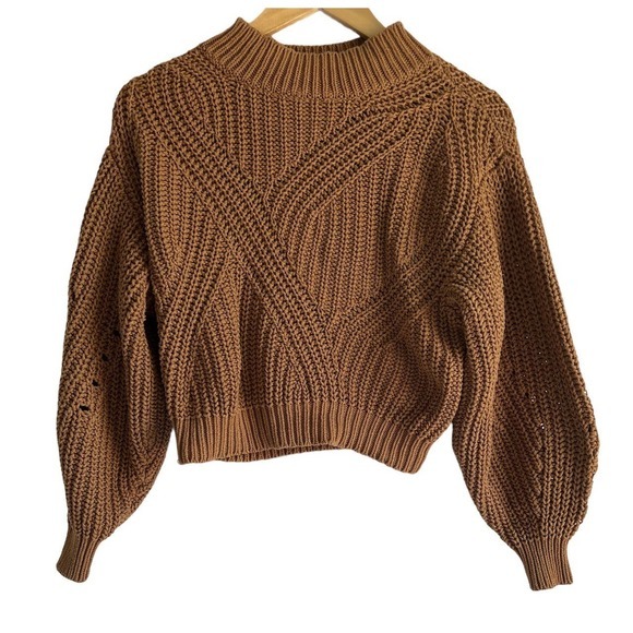BP Size XS Traveling Stitch Mock Neck Balloon Sleeve Cropped‎ Sweater Tan - Picture 3 of 8